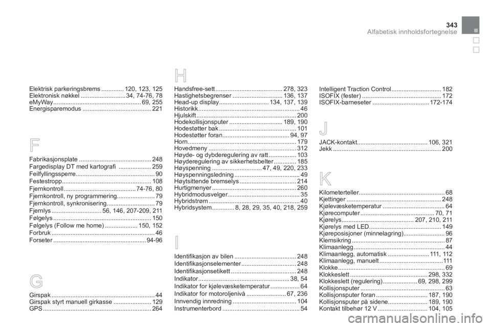 CITROEN DS5 HYBRID 2012  InstruksjonsbØker (in Norwegian) 343Alfabetisk innholdsfortegnelse
Elektrisk parkeringsbrems.............120,123, 125Elektronisk nøkkel..........................34, 74-76,78eMyWay ...................................................6
