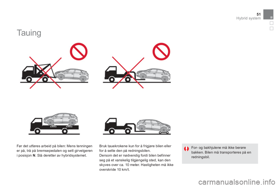 CITROEN DS5 HYBRID 2012 InstruksjonsbØker (in Norwegian) 51Hybrid system
Ta u i n g
Før det utføres arbeid på bilen: Mens tenningener på, trå på bremsepedalen og sett girvelgeren i posisjon N
. Slå deretter av hybridsysteme CITROEN DS5 HYBRID 2012 InstruksjonsbØker (in Norwegian) 51Hybrid system
Ta u i n g
Før det utføres arbeid på bilen: Mens tenningener på, trå på bremsepedalen og sett girvelgeren i posisjon N
. Slå deretter av hybridsysteme
