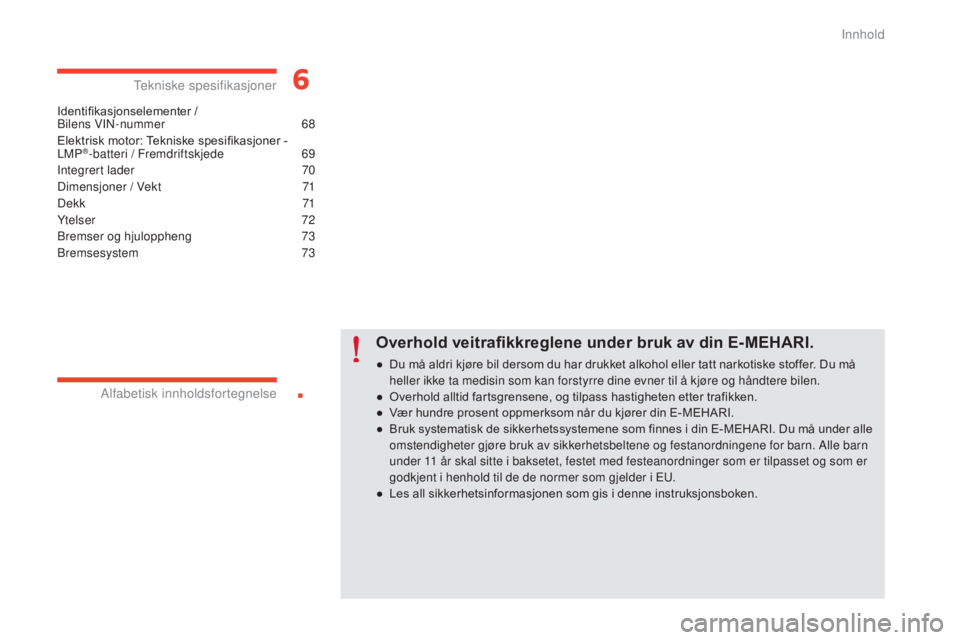 CITROEN E-MEHARI 2017  InstruksjonsbØker (in Norwegian) .
e-mehari_no_Chap00a_sommaire_ed03-2016
Identifikasjonselementer /  
Bilens VIN-nummer  6 8
Elektrisk motor: Tekniske spesifikasjoner - 
LMP
®-batteri / Fremdriftskjede 6 9
Integrert lader
 7
 0
Dim
