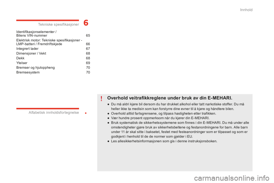CITROEN E-MEHARI 2016  InstruksjonsbØker (in Norwegian) .
e-mehari_no_Chap00a_sommaire_ed02-2016
Identifikasjonselementer /  
Bilens VIN-nummer 65
E
lektrisk motor: Tekniske spesifikasjoner - 
LMP-batteri / Fremdriftskjede
 66
In

tegrert lader
 67
D

imen