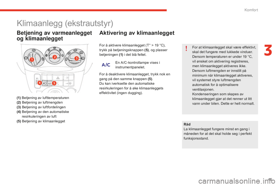 CITROEN E-MEHARI 2016 InstruksjonsbØker (in Norwegian) 45
e-mehari_no_Chap03_confort_ed02-2016
Klimaanlegg (ekstrautstyr)
Betjening av varmeanlegget
og klimaanlegget
(1) Betjening av lufttemperaturen
(2) Betjening av luftmengden
(3) Betjening av luftfo CITROEN E-MEHARI 2016 InstruksjonsbØker (in Norwegian) 45
e-mehari_no_Chap03_confort_ed02-2016
Klimaanlegg (ekstrautstyr)
Betjening av varmeanlegget
og klimaanlegget
(1) Betjening av lufttemperaturen
(2) Betjening av luftmengden
(3) Betjening av luftfo