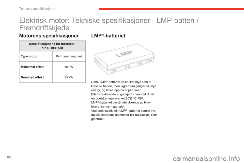 CITROEN E-MEHARI 2016 InstruksjonsbØker (in Norwegian) 66
e-mehari_no_Chap06_caracteristiques-techniques_ed02-2016
Elektrisk motor: Tekniske spesifikasjoner - LMP-batteri /
Fremdriftskjede
Motorens spesifikasjoner
Spesifikasjonene for motoren i din E - M CITROEN E-MEHARI 2016 InstruksjonsbØker (in Norwegian) 66
e-mehari_no_Chap06_caracteristiques-techniques_ed02-2016
Elektrisk motor: Tekniske spesifikasjoner - LMP-batteri /
Fremdriftskjede
Motorens spesifikasjoner
Spesifikasjonene for motoren i din E - M