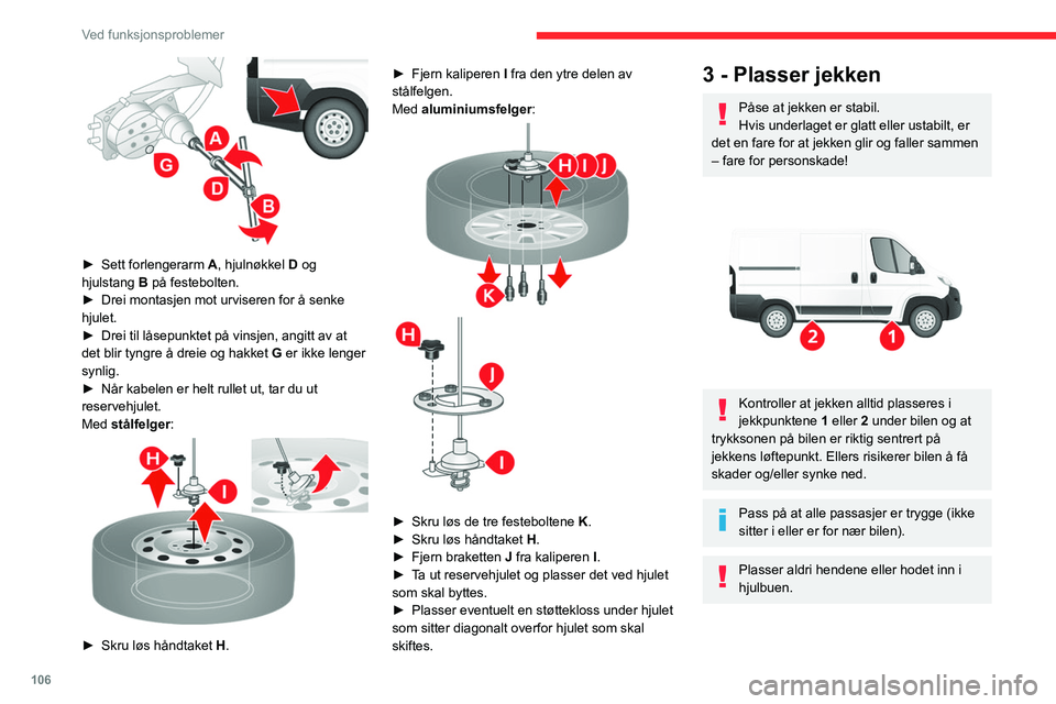 CITROEN JUMPER 2020  InstruksjonsbØker (in Norwegian) 106
Ved funksjonsproblemer
 
Gå aldri under et kjøretøy som er heist 
opp på en jekk (bruk en støttebukk).
Ikke bruk:
–  Jekken til andre formål enn å løfte bilen.
–  En annen jekk enn den