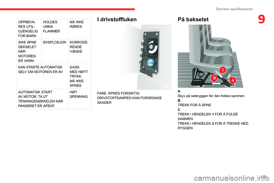CITROEN JUMPER 2020  InstruksjonsbØker (in Norwegian) 133
Tekniske spesifikasjoner
9OPPBEVA-
RES UTIL-
GJENGELIG 
FOR BARN HOLDES 
UNNA 
FLAMMER MÅ IKKE 
RØRES
IKKE ÅPNE 
DEKSELET 
NÅR 
MOTOREN 
ER VARM EKSPLOSJON
KORRODE-
RENDE 
VÆSKE
KAN STARTE AU