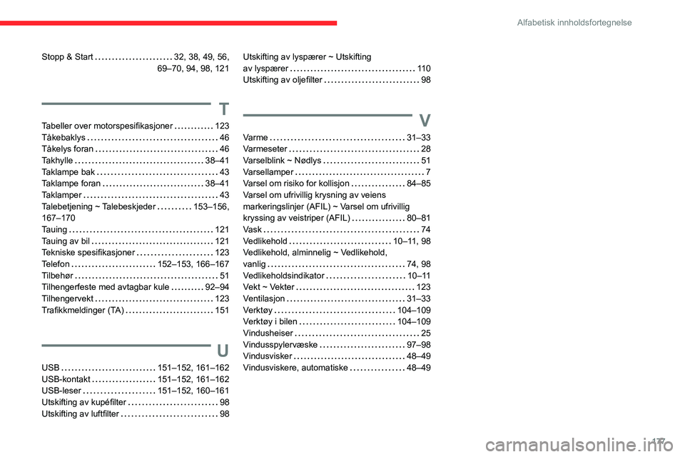 CITROEN JUMPER 2020  InstruksjonsbØker (in Norwegian) 177
Alfabetisk innholdsfortegnelse
Stopp & Start   32, 38, 49, 56,  
69–70, 94, 98, 121
T
Tabeller over motorspesifikasjoner    123
Tåkebaklys    46
Tåkelys foran    46
Takhylle     38–41
Taklam