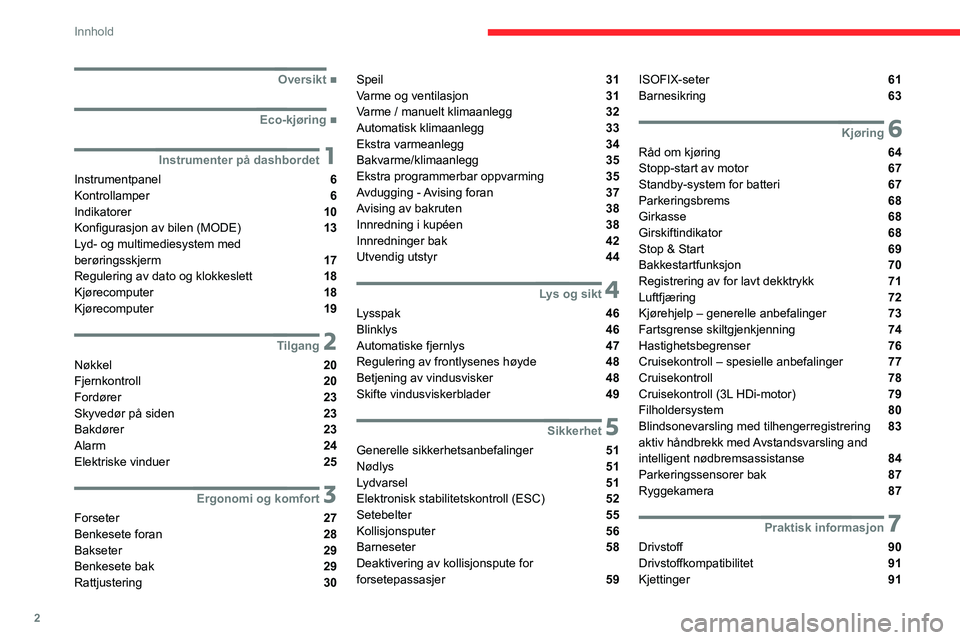 CITROEN JUMPER 2020  InstruksjonsbØker (in Norwegian) 2
Innhold
 
 
 
 
 
   ■
Oversikt
  ■
Eco-kjøring
 1Instrumenter på dashbordet
Instrumentpanel  6
Kontrollamper  6
Indikatorer  10
Konfigurasjon av bilen (MODE) 
 13
Lyd- og multimediesystem
