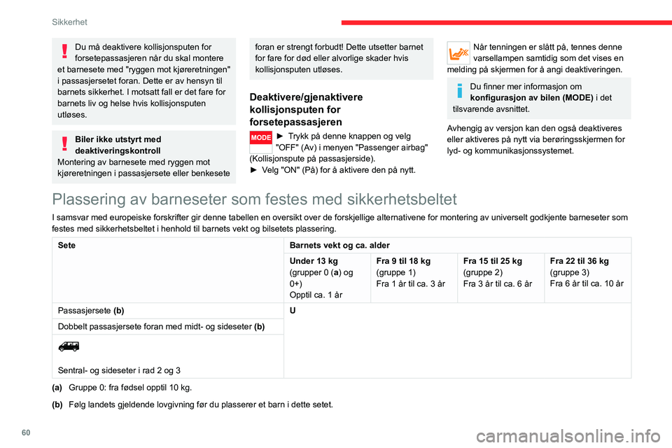 CITROEN JUMPER 2020  InstruksjonsbØker (in Norwegian) 60
Sikkerhet
ISOFIX-fester 
 
Bilen kan være utstyrt med ISOFIX-fester som er 
merket med etiketter.
Disse festene består av tre ringer for hvert sete:
 
 
Oversiktstabell for plassering av ISOFIX-b