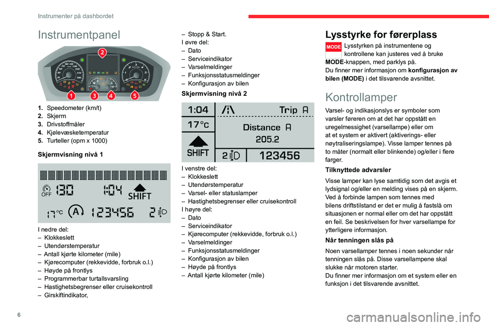 CITROEN JUMPER 2020  InstruksjonsbØker (in Norwegian) 6
Instrumenter på dashbordet
Instrumentpanel 
 
1.Speedometer (km/t)
2. Skjerm
3. Drivstoffmåler
4. Kjølevæsketemperatur
5. Turteller (opm x 1000)
Skjermvisning nivå 1 
 
I nedre del:
–  Klokke