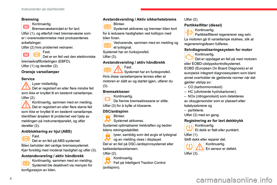 CITROEN JUMPER 2020 InstruksjonsbØker (in Norwegian) 8
Instrumenter på dashbordet
BremsingKontinuerlig.
Bremsevæskenivået er for lavt.
Utfør (1), og etterfyll med bremsevæske som
er i overensstemmelse med produsentenes
anbefalinger.
Utfør (2) h CITROEN JUMPER 2020 InstruksjonsbØker (in Norwegian) 8
Instrumenter på dashbordet
BremsingKontinuerlig.
Bremsevæskenivået er for lavt.
Utfør (1), og etterfyll med bremsevæske som
er i overensstemmelse med produsentenes
anbefalinger.
Utfør (2) h