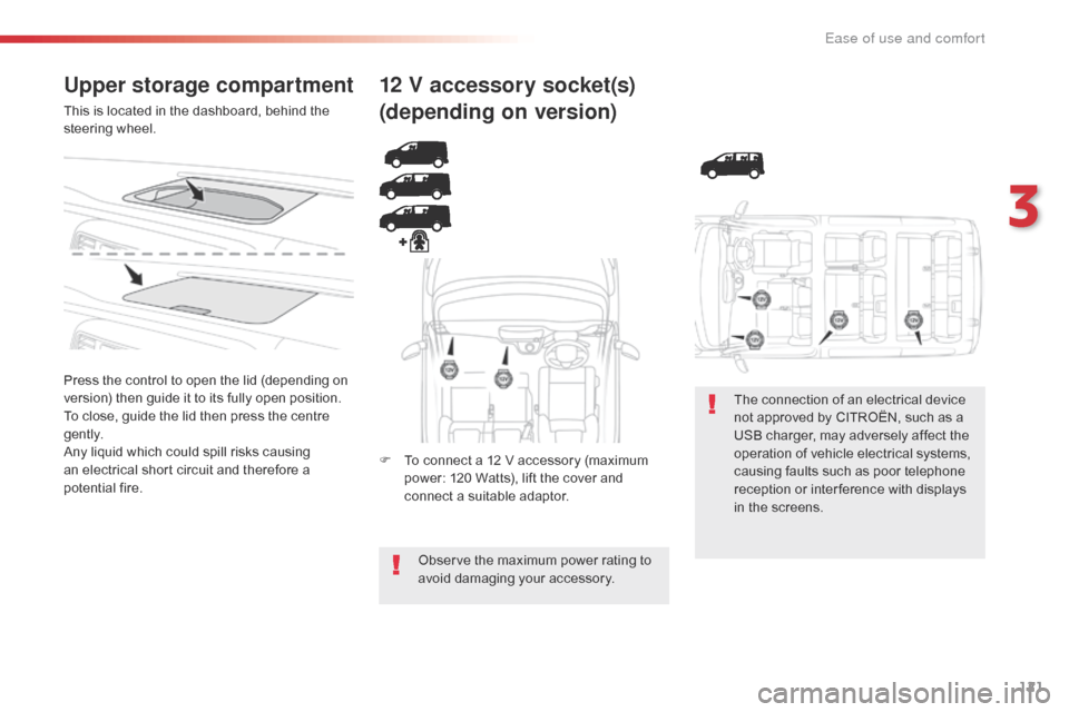 Citroen JUMPY RHD 2016 2.G Owners Manual 121
Upper storage compartment
This is located in the dashboard, behind the
steering wheel.
Press the control to open the lid (depending on
version) then guide it to its fully open position.
To close Citroen JUMPY RHD 2016 2.G Owners Manual 121
Upper storage compartment
This is located in the dashboard, behind the
steering wheel.
Press the control to open the lid (depending on
version) then guide it to its fully open position.
To close
