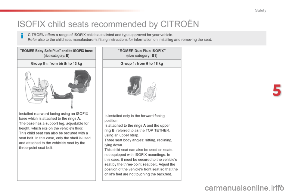 Citroen JUMPY RHD 2016 2.G Owners Manual 187
ISOFIX child seats recommended by CITROËN
CITROËN offers a range of ISOFIX child seats listed and type approved for your vehicle.
Refer also to the child seat manufacturers fitting instructions