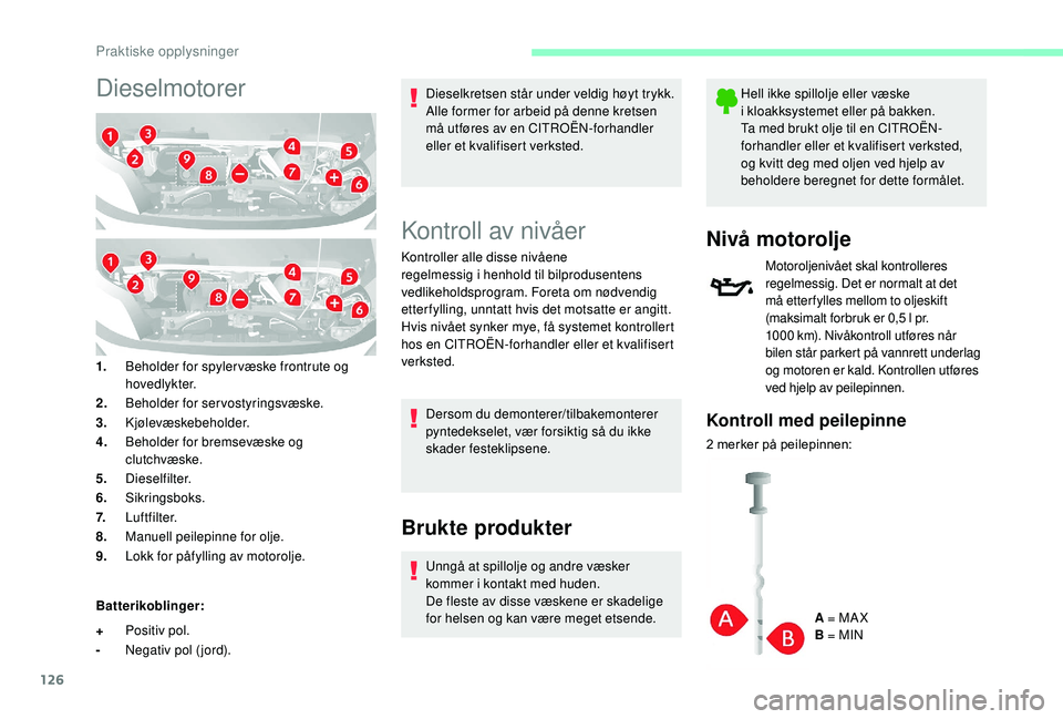 CITROEN JUMPER 2019 InstruksjonsbØker (in Norwegian) 126
Dieselmotorer
1.Beholder for spyler væske frontrute og
hovedlykter.
2. Beholder for servostyringsvæske.
3. Kjølevæskebeholder.
4. Beholder for bremsevæske og
clutchvæske.
5. Dieselfilter.
CITROEN JUMPER 2019 InstruksjonsbØker (in Norwegian) 126
Dieselmotorer
1.Beholder for spyler væske frontrute og
hovedlykter.
2. Beholder for servostyringsvæske.
3. Kjølevæskebeholder.
4. Beholder for bremsevæske og
clutchvæske.
5. Dieselfilter.