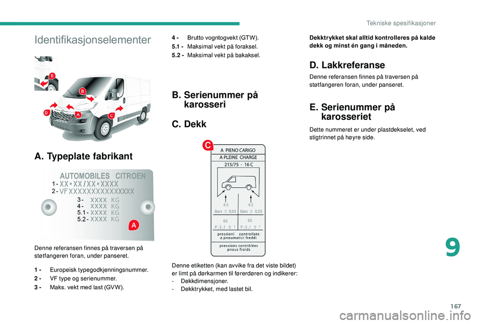 CITROEN JUMPER 2019  InstruksjonsbØker (in Norwegian) 167
Identifikasjonselementer
A. Typeplate fabrikant
4 - Brutto vogntogvekt (GTW).
5.1 -  Maksimal vekt på foraksel.
5.2 -  Maksimal vekt på bakaksel.
Denne referansen finnes på traversen på 
støt
