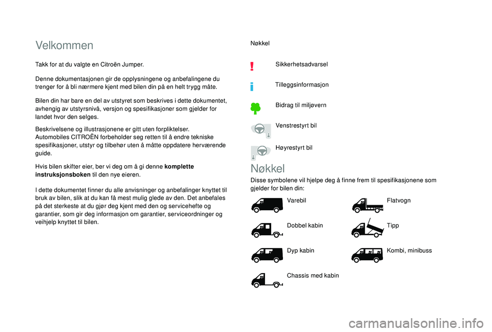CITROEN JUMPER 2019  InstruksjonsbØker (in Norwegian) Velkommen
Takk for at du valgte en Citroën Jumper.
Denne dokumentasjonen gir de opplysningene og anbefalingene du 
trenger for å bli nærmere kjent med bilen din på en helt trygg måte.
Bilen din h