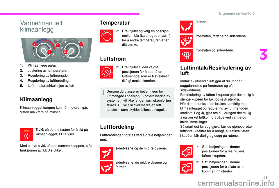 CITROEN JUMPER 2019 InstruksjonsbØker (in Norwegian) 43
Varme/manuelt
klimaanlegg
1.Klimaanlegg på/av.
2. Justering av temperaturen.
3. Regulering av luftmengde.
4. Regulering av luftfordeling.
5. Luftinntak/resirkulasjon av luft.
Klimaanlegg
Klimaanl CITROEN JUMPER 2019 InstruksjonsbØker (in Norwegian) 43
Varme/manuelt
klimaanlegg
1.Klimaanlegg på/av.
2. Justering av temperaturen.
3. Regulering av luftmengde.
4. Regulering av luftfordeling.
5. Luftinntak/resirkulasjon av luft.
Klimaanlegg
Klimaanl
