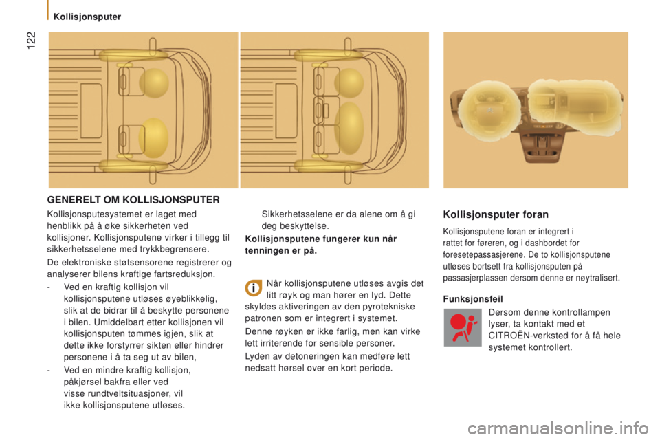 CITROEN JUMPER 2017  InstruksjonsbØker (in Norwegian)  122
Jumper_no_Chap05_Securite_ed01-2016
geneRelT  OM   KO ll ISJO n SPUT e R
Kollisjonsputesystemet er laget med 
henblikk på å øke sikkerheten ved 
kollisjoner. Kollisjonsputene virker i tillegg 