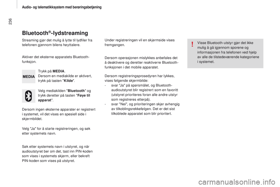 CITROEN JUMPER 2017 InstruksjonsbØker (in Norwegian) 236
Jumper_no_Chap11a_Autoradio-Fiat-tactile-1_ed01-2016
Bluetooth®-lydstreaming
Streaming gjør det mulig å lytte til lydfiler fra
telefonen gjennom bilens høyttalere.Trykk på M
edI
A.
Dersom e CITROEN JUMPER 2017 InstruksjonsbØker (in Norwegian) 236
Jumper_no_Chap11a_Autoradio-Fiat-tactile-1_ed01-2016
Bluetooth®-lydstreaming
Streaming gjør det mulig å lytte til lydfiler fra
telefonen gjennom bilens høyttalere.Trykk på M
edI
A.
Dersom e