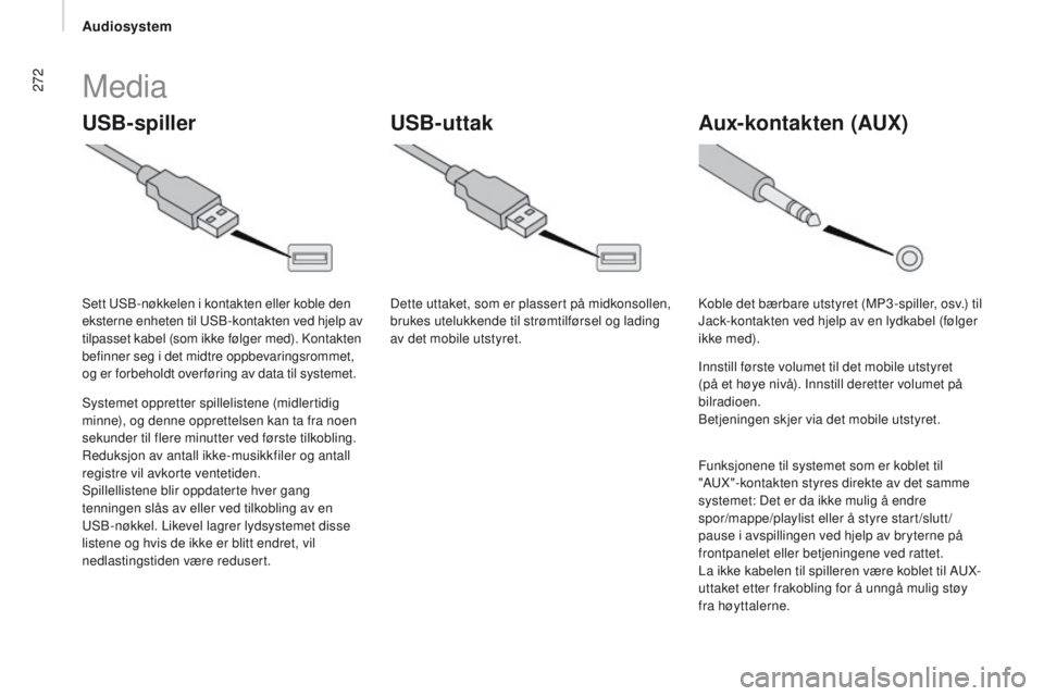 CITROEN JUMPER 2017 InstruksjonsbØker (in Norwegian) 272
Jumper_no_Chap11b_Autoradio-Fiat-4_ed01-2016
USB-spillerAux-kontakten (AUX)
USB-uttak
Media
Systemet oppretter spillelistene (midlertidig
minne), og denne opprettelsen kan ta fra noen
sekunder t CITROEN JUMPER 2017 InstruksjonsbØker (in Norwegian) 272
Jumper_no_Chap11b_Autoradio-Fiat-4_ed01-2016
USB-spillerAux-kontakten (AUX)
USB-uttak
Media
Systemet oppretter spillelistene (midlertidig
minne), og denne opprettelsen kan ta fra noen
sekunder t