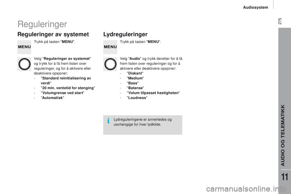 CITROEN JUMPER 2017 InstruksjonsbØker (in Norwegian) 275
Jumper_no_Chap11b_Autoradio-Fiat-4_ed01-2016
Reguleringer
Reguleringer av systemetlydreguleringer
Trykk på tasten "Me n U". Trykk på tasten "Me n U".
Velg " Reguleringer av CITROEN JUMPER 2017 InstruksjonsbØker (in Norwegian) 275
Jumper_no_Chap11b_Autoradio-Fiat-4_ed01-2016
Reguleringer
Reguleringer av systemetlydreguleringer
Trykk på tasten "Me n U". Trykk på tasten "Me n U".
Velg " Reguleringer av