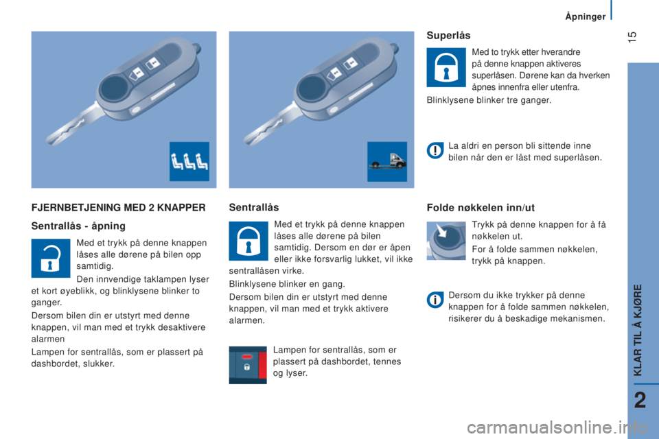 CITROEN JUMPER 2016  InstruksjonsbØker (in Norwegian)  15
jumper_no_Chap02_Pret-a-Partir_ed01-2015
FJERNBETJENING MED 2 KNAPPER
Sentrallås - åpning
Med et trykk på denne knappen 
låses alle dørene på bilen opp 
samtidig.
Den innvendige taklampen ly
