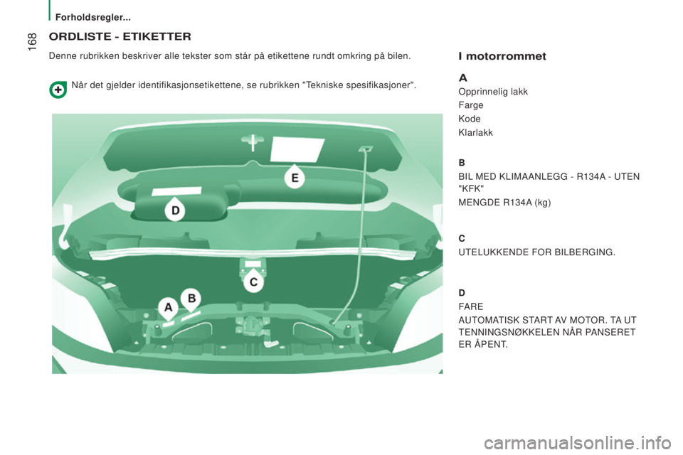 CITROEN JUMPER 2016 InstruksjonsbØker (in Norwegian) 168
jumper_no_Chap08_Aide-Rapide_ed01-2015
ORDLISTE - ETIKETTER
Denne rubrikken beskriver alle tekster som står på etikettene rund\
t omkring på bilen.I motorrommet
A
Opprinnelig lakk
Farge
Kode
CITROEN JUMPER 2016 InstruksjonsbØker (in Norwegian) 168
jumper_no_Chap08_Aide-Rapide_ed01-2015
ORDLISTE - ETIKETTER
Denne rubrikken beskriver alle tekster som står på etikettene rund\
t omkring på bilen.I motorrommet
A
Opprinnelig lakk
Farge
Kode