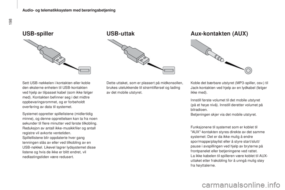 CITROEN JUMPER 2016  InstruksjonsbØker (in Norwegian) 198
jumper_no_Chap10a_Autoradio-Fiat-tactile-1_ed01-2015
USB-spiller
Systemet oppretter spillelistene (midlertidig 
minne), og denne opprettelsen kan ta fra noen 
sekunder til flere minutter ved førs