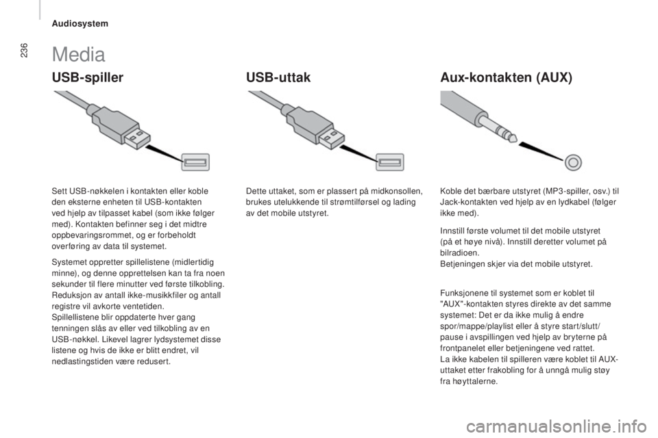 CITROEN JUMPER 2016 InstruksjonsbØker (in Norwegian) 236
jumper_no_Chap10b_Autoradio-Fiat-4_ed01-2015
USB-spillerAux-kontakten (AUX)
USB-uttak
Media
Systemet oppretter spillelistene (midlertidig
minne), og denne opprettelsen kan ta fra noen
sekunder t CITROEN JUMPER 2016 InstruksjonsbØker (in Norwegian) 236
jumper_no_Chap10b_Autoradio-Fiat-4_ed01-2015
USB-spillerAux-kontakten (AUX)
USB-uttak
Media
Systemet oppretter spillelistene (midlertidig
minne), og denne opprettelsen kan ta fra noen
sekunder t