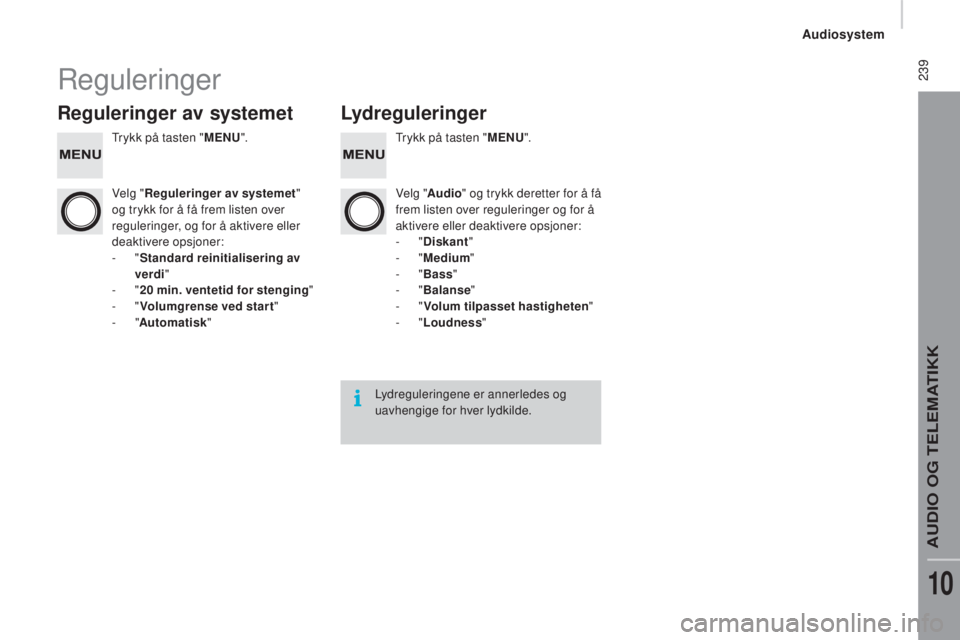 CITROEN JUMPER 2016 InstruksjonsbØker (in Norwegian) 239
jumper_no_Chap10b_Autoradio-Fiat-4_ed01-2015
Reguleringer
Reguleringer av systemetLydreguleringer
Trykk på tasten "MENU". Trykk på tasten "MENU".
Velg " Reguleringer av syst CITROEN JUMPER 2016 InstruksjonsbØker (in Norwegian) 239
jumper_no_Chap10b_Autoradio-Fiat-4_ed01-2015
Reguleringer
Reguleringer av systemetLydreguleringer
Trykk på tasten "MENU". Trykk på tasten "MENU".
Velg " Reguleringer av syst