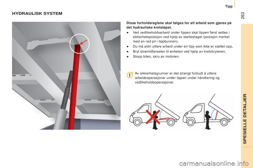 CITROEN JUMPER 2016 InstruksjonsbØker (in Norwegian) 263
jumper_no_Chap11_Particularites_ed01-2015
HYDRAULISK SYSTEM
Disse forholdsreglene skal følges for alt arbeid som gjøres på
det hydrauliske kretsløpet.
●
V
ed vedlikeholdsarbeid under tip CITROEN JUMPER 2016 InstruksjonsbØker (in Norwegian) 263
jumper_no_Chap11_Particularites_ed01-2015
HYDRAULISK SYSTEM
Disse forholdsreglene skal følges for alt arbeid som gjøres på
det hydrauliske kretsløpet.
●
V
ed vedlikeholdsarbeid under tip