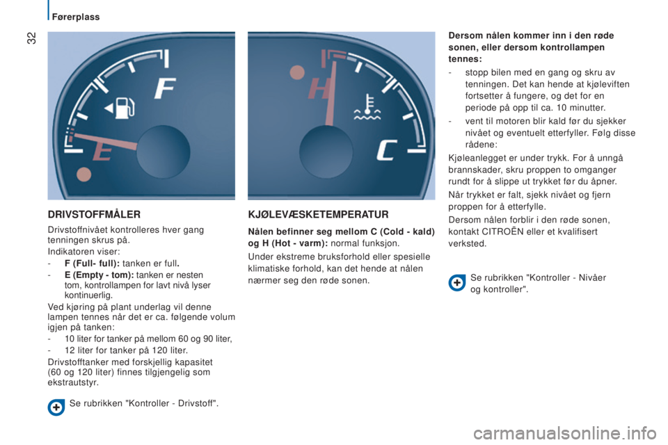 CITROEN JUMPER 2016  InstruksjonsbØker (in Norwegian)  32
jumper_no_Chap02_Pret-a-Partir_ed01-2015
DRIVSTOFFMÅLER
Drivstoffnivået kontrolleres hver gang 
tenningen skrus på.
Indikatoren viser:
- 
F (Full- full):
  tanken er full.
-
 
E (Empty - tom):
