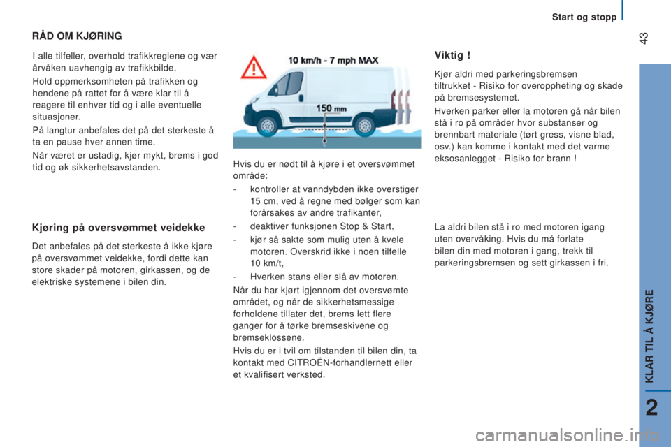 CITROEN JUMPER 2016  InstruksjonsbØker (in Norwegian)  43
jumper_no_Chap02_Pret-a-Partir_ed01-2015
RÅD OM KJØRING
I alle tilfeller, overhold trafikkreglene og vær 
årvåken uavhengig av trafikkbilde.
Hold oppmerksomheten på trafikken og 
hendene på