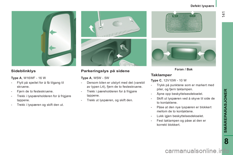 CITROEN JUMPER 2015 InstruksjonsbØker (in Norwegian) Defekt lyspære
141
SMÅREPARASJONER
8
JUMPER-PAPIER_NO_CHAP08_AIDE RAPIDE_ED01-2014
Taklamper
Type C , 12V10W - 10 W
- Trykk på punktene som er markert med piler, og fjern taklamp CITROEN JUMPER 2015 InstruksjonsbØker (in Norwegian) Defekt lyspære
141
SMÅREPARASJONER
8
JUMPER-PAPIER_NO_CHAP08_AIDE RAPIDE_ED01-2014
Taklamper
Type C , 12V10W - 10 W
- Trykk på punktene som er markert med piler, og fjern taklamp