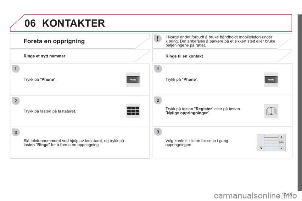CITROEN JUMPER 2015  InstruksjonsbØker (in Norwegian) 06
10.25
JUMPER-PAPIER_NO_CHAP10A_AUTORADIO_FIAT-TACTILE-1_ED01-2014
  Trykk  på  " Phone ".  
  Ringe  et  nytt  nummer         Ringe  til  en  kontakt  
      Foreta  en  opprigning   I Norge er de