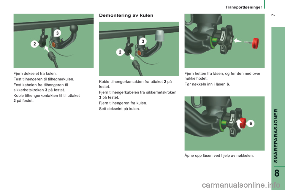 CITROEN JUMPER 2015  InstruksjonsbØker (in Norwegian)  7
SMÅREPARASJONER
8
   Transportløsninger   
  Demontering  av  kulen 
  Koble tilhengerkontakten fra uttaket  2   på 
festet. 
 Fjern tilhengerkabelen fra sikkerhetskroken 
  3    på  festet. 
 