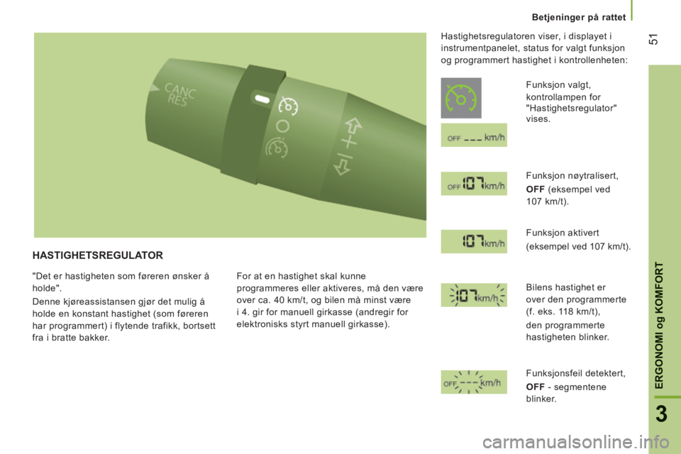 CITROEN JUMPER 2015  InstruksjonsbØker (in Norwegian) 51
3
ERGONOMI 
og
 KOMFORT
   Betjeninger  på  rattet   
JUMPER-PAPIER_NO_CHAP03_ERGO ET CONFORT_ED01-2014
 HASTIGHETSREGULATOR 
 "Det er hastigheten som føreren ønsker å 
holde". 
 Denne kjøreas