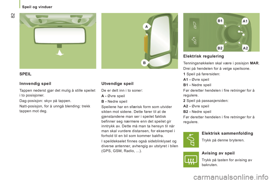 CITROEN JUMPER 2015  InstruksjonsbØker (in Norwegian)    Speil  og  vinduer   
82
JUMPER-PAPIER_NO_CHAP03_ERGO ET CONFORT_ED01-2014
 SPEIL 
  Utvendige  speil 
 De er delt inn i to soner: 
  A -  Øvre speil 
  B -  Nedre speil 
 Speilene har en sfærisk