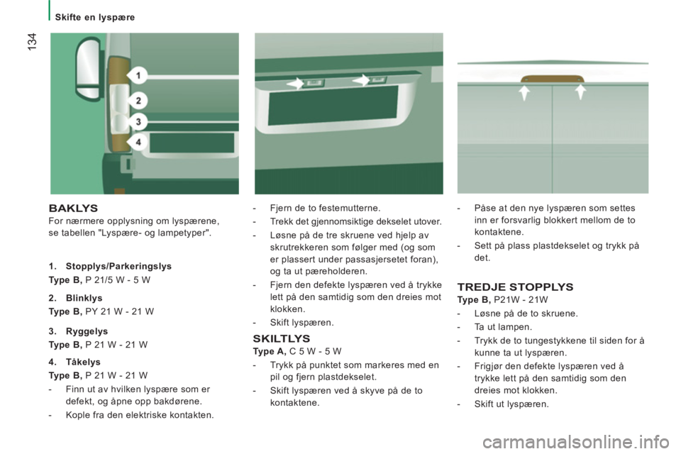 CITROEN JUMPER SPACETOURER 2021  InstruksjonsbØker (in Norwegian)    
 
Skifte en lyspære  
 
134
 
BAKLYS 
 
For nærmere opplysning om lyspærene, 
se tabellen "Lyspære- og lampetyper".    
-   Fjern de to festemutterne. 
   
-   Trekk det gjennomsiktige deksele