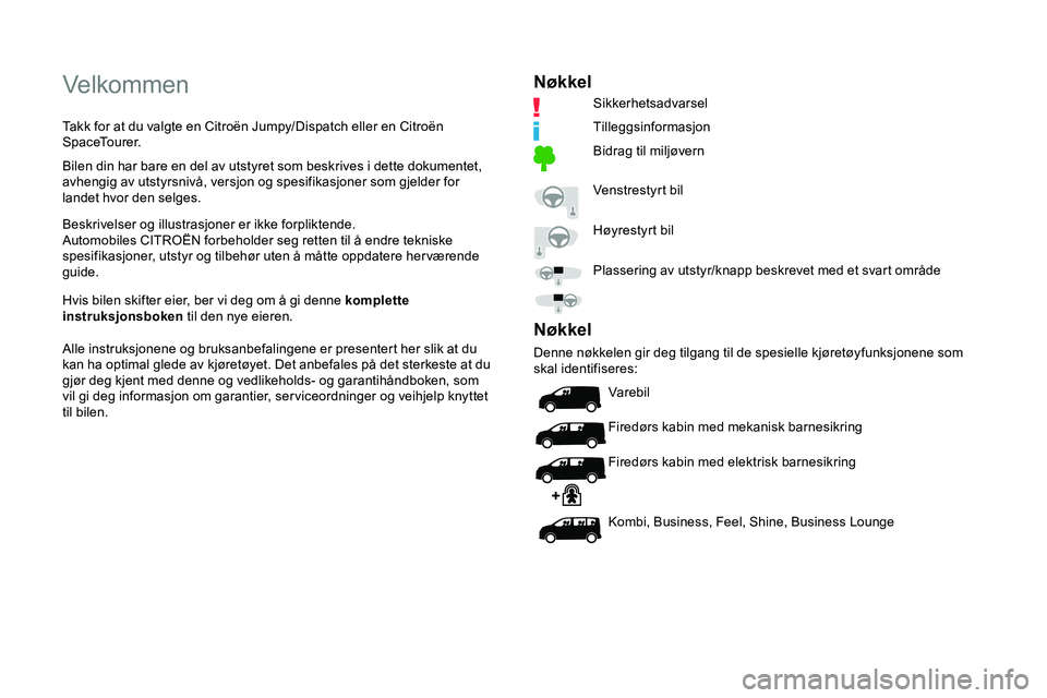 CITROEN JUMPER SPACETOURER 2020  InstruksjonsbØker (in Norwegian) Velkommen
Takk for at du valgte en Citroën Jumpy/Dispatch eller en Citroën 
SpaceTourer.
Bilen din har bare en del av utstyret som beskrives i dette dokumentet, 
avhengig av utstyrsnivå, versjon og