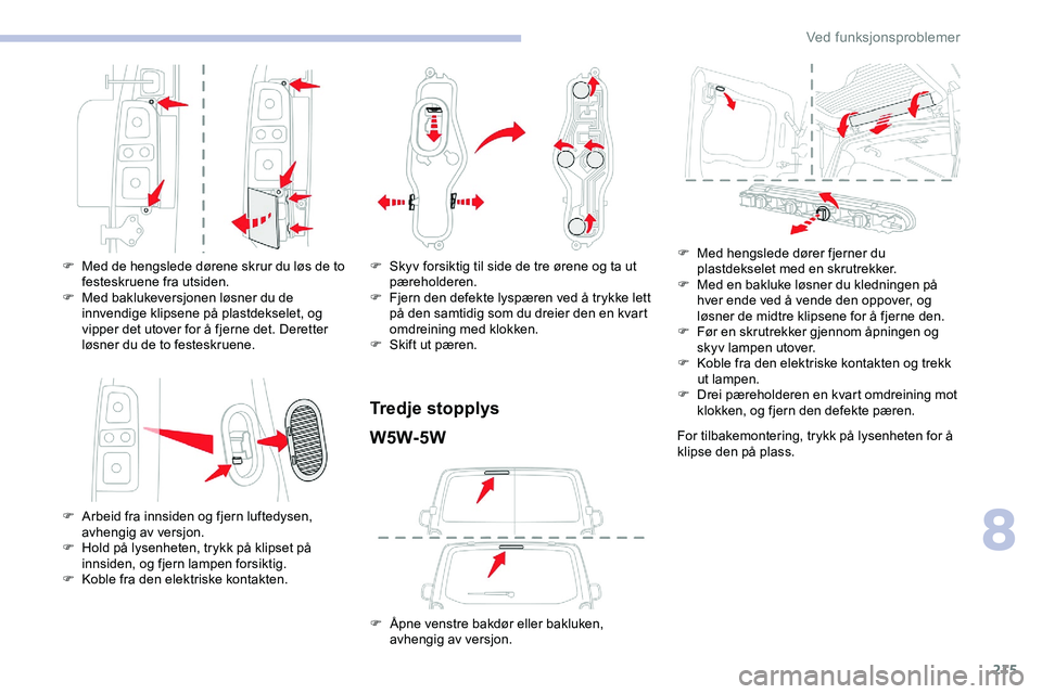 CITROEN JUMPER SPACETOURER 2020  InstruksjonsbØker (in Norwegian) 215
F Med de hengslede dørene skrur du løs de to festeskruene fra utsiden.
F
 
M
 ed baklukeversjonen løsner du de 
innvendige klipsene på plastdekselet, og 
vipper det utover for å fjerne det. D