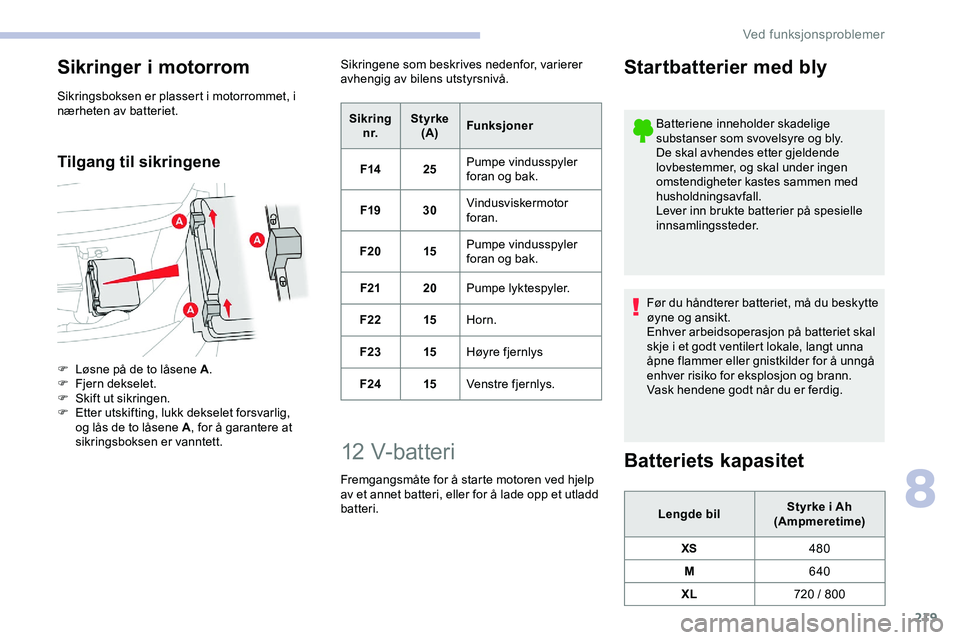 CITROEN JUMPER SPACETOURER 2020  InstruksjonsbØker (in Norwegian) 219
Sikringer i motorrom
Sikringsboksen er plassert i motorrommet, i 
nærheten av batteriet.
Tilgang til sikringene
F Løsne på de to låsene A.
F  F jern dekselet.
F
 
Sk
 ift ut sikringen.
F
 
E
 