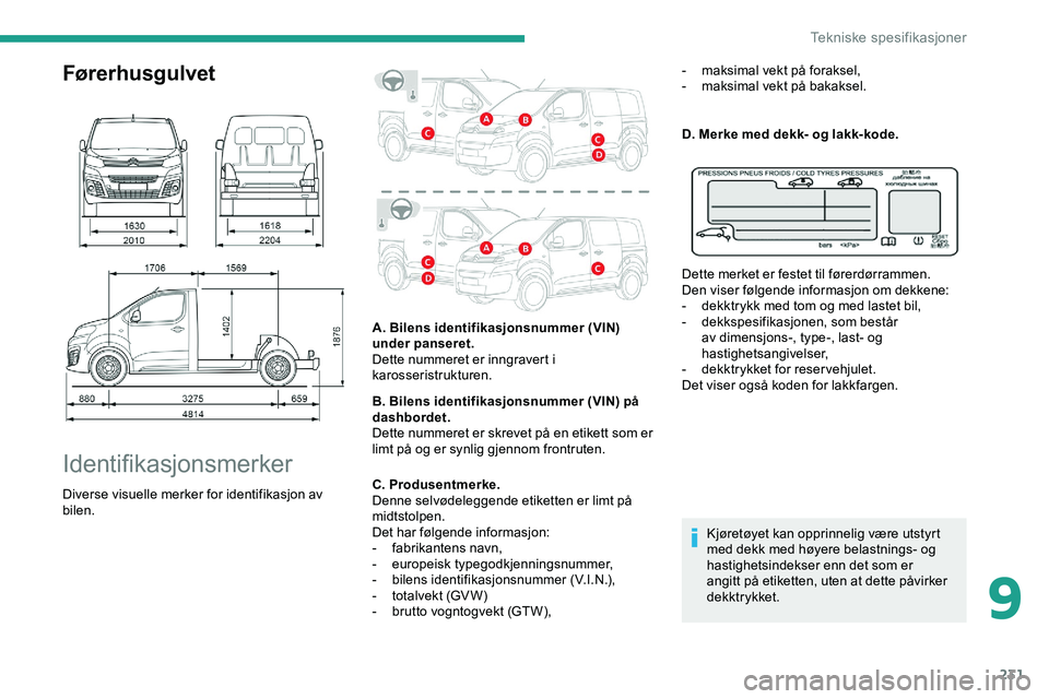 CITROEN JUMPER SPACETOURER 2020  InstruksjonsbØker (in Norwegian) 231
Førerhusgulvet
Identifikasjonsmerker
Diverse visuelle merker for identifikasjon av 
bilen.A. Bilens identifikasjonsnummer (VIN) 
under panseret.
Dette nummeret er inngravert i 
karosseristrukture