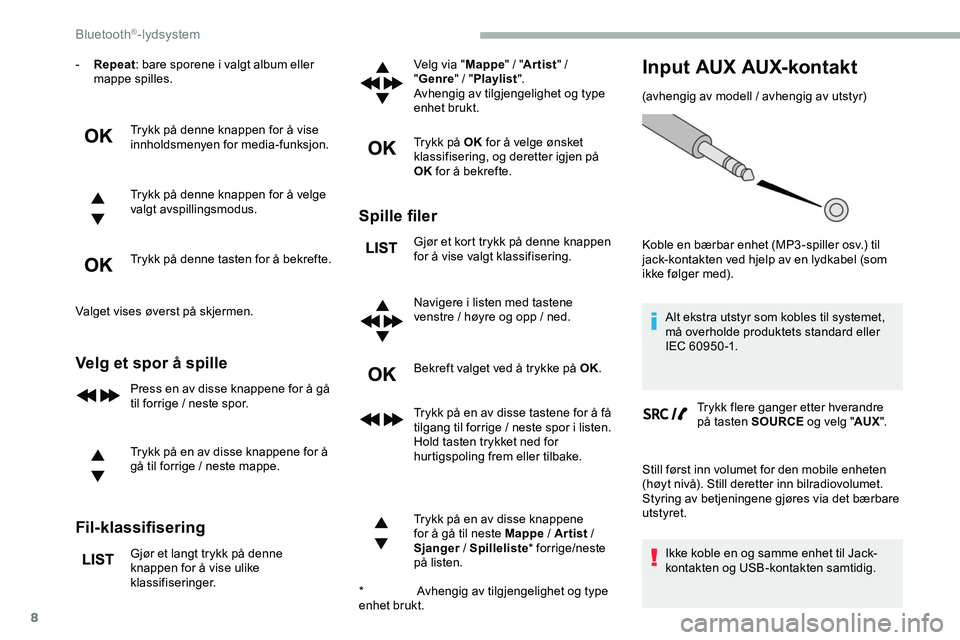 CITROEN JUMPER SPACETOURER 2020 InstruksjonsbØker (in Norwegian) 8
- Repeat: bare sporene i valgt album eller
mappe spilles.
Trykk på denne knappen for å vise
innholdsmenyen for media-funksjon.
Trykk på denne knappen for å velge
valgt avspillingsmodus.
Trykk CITROEN JUMPER SPACETOURER 2020 InstruksjonsbØker (in Norwegian) 8
- Repeat: bare sporene i valgt album eller
mappe spilles.
Trykk på denne knappen for å vise
innholdsmenyen for media-funksjon.
Trykk på denne knappen for å velge
valgt avspillingsmodus.
Trykk