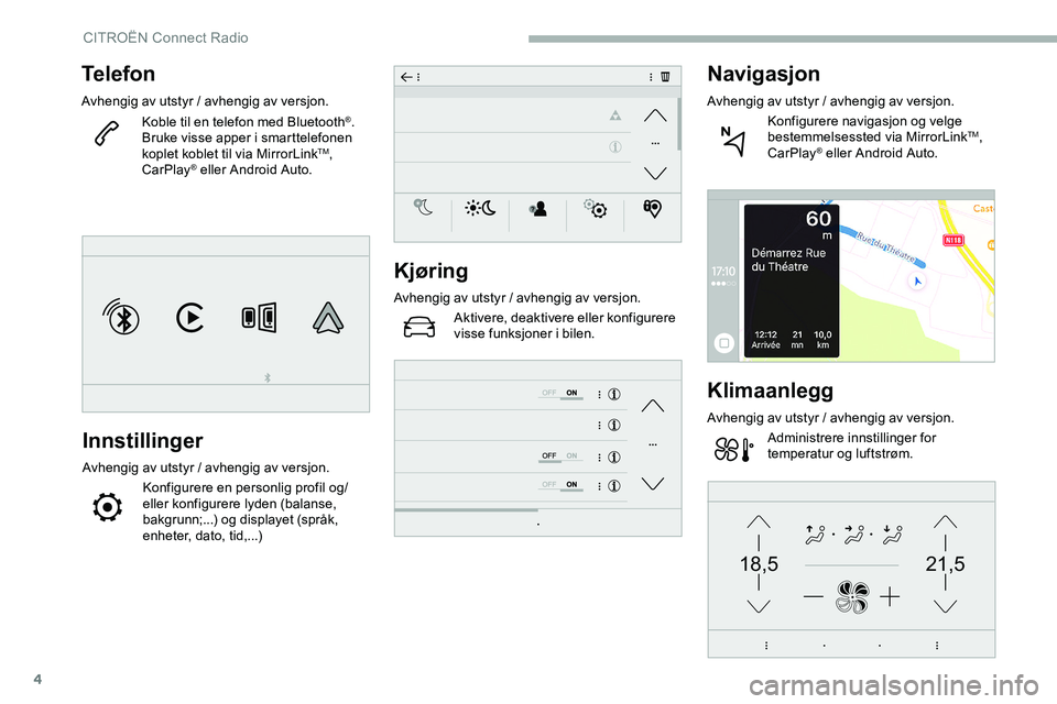 CITROEN JUMPER SPACETOURER 2020 InstruksjonsbØker (in Norwegian) 4
21,518,5
Telefon
Avhengig av utstyr / avhengig av versjon.
Koble til en telefon med Bluetooth®.
Bruke visse apper i smarttelefonen
koplet koblet til via MirrorLink
TM,
CarPlay® eller Android Aut CITROEN JUMPER SPACETOURER 2020 InstruksjonsbØker (in Norwegian) 4
21,518,5
Telefon
Avhengig av utstyr / avhengig av versjon.
Koble til en telefon med Bluetooth®.
Bruke visse apper i smarttelefonen
koplet koblet til via MirrorLink
TM,
CarPlay® eller Android Aut