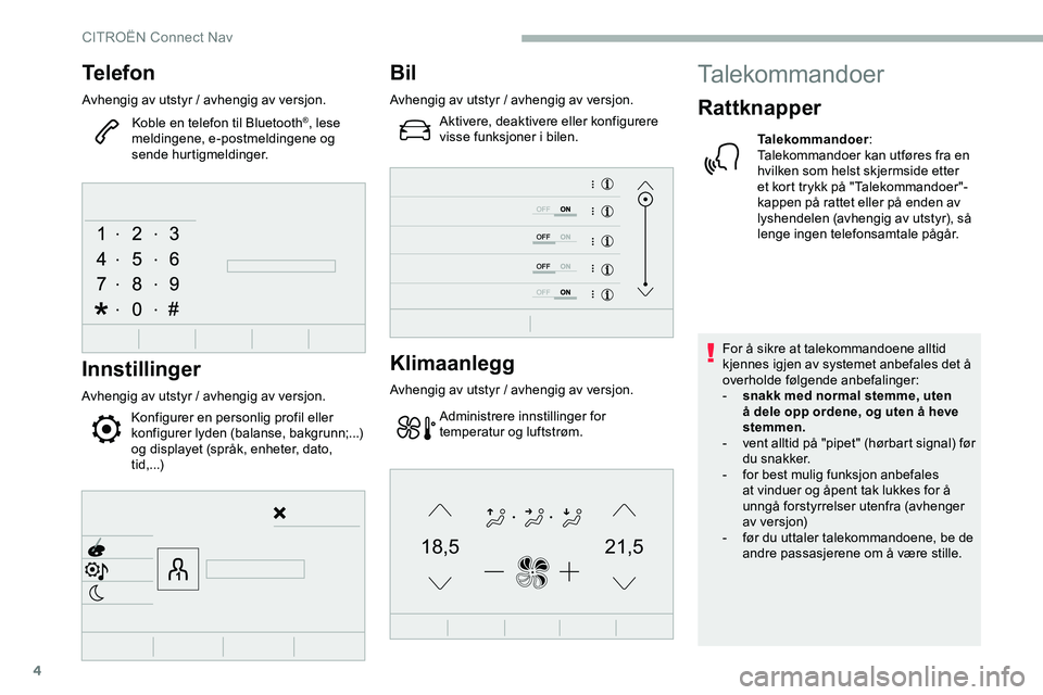 CITROEN JUMPER SPACETOURER 2020 InstruksjonsbØker (in Norwegian) 4
21,518,5
Telefon
Avhengig av utstyr / avhengig av versjon.
Koble en telefon til Bluetooth
®, lese
meldingene, e-postmeldingene og
sende hurtigmeldinger.
Innstillinger
Avhengig av utstyr / avheng CITROEN JUMPER SPACETOURER 2020 InstruksjonsbØker (in Norwegian) 4
21,518,5
Telefon
Avhengig av utstyr / avhengig av versjon.
Koble en telefon til Bluetooth
®, lese
meldingene, e-postmeldingene og
sende hurtigmeldinger.
Innstillinger
Avhengig av utstyr / avheng