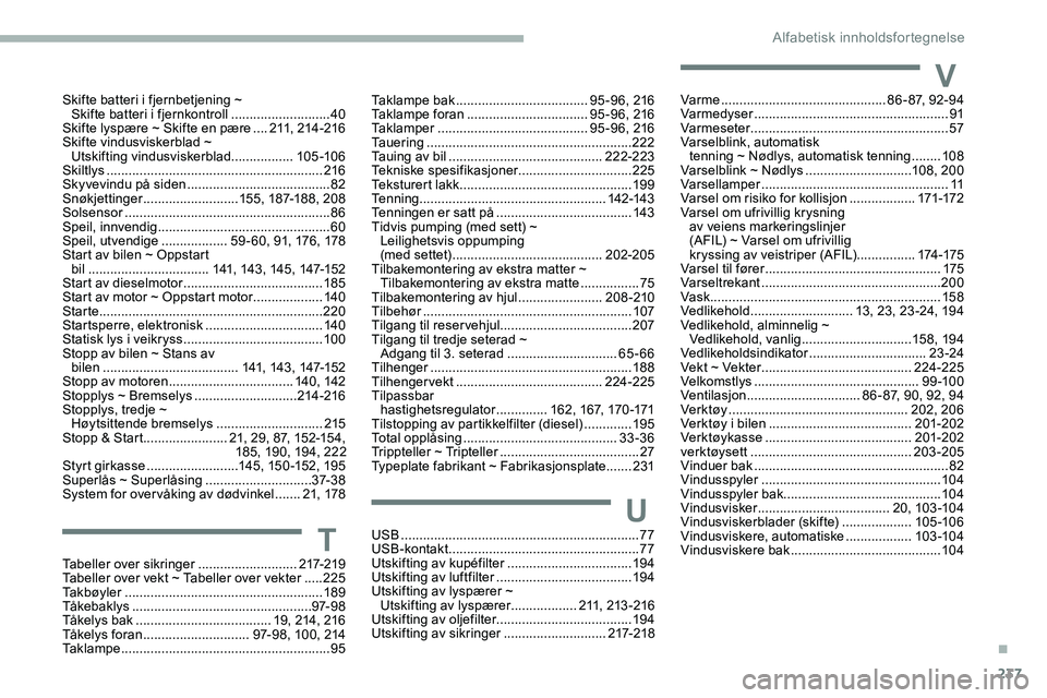 CITROEN JUMPER SPACETOURER 2020  InstruksjonsbØker (in Norwegian) 237
Tabeller over sikringer ...........................217-219
Tabeller over vekt ~ Tabeller over vekter   .....225
Ta k b ø y l e r
 ...................................................... 18

9
Tåk
