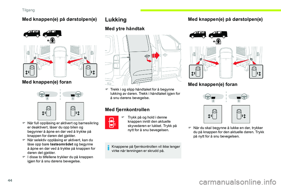 CITROEN JUMPER SPACETOURER 2020 InstruksjonsbØker (in Norwegian) 44
Med knappen(e) på dørstolpen(e)
Med knappen(e) foran
F Når full opplåsing er aktivert og barnesikring er deaktivert, låser du opp bilen og
begynner å åpne en dør ved å trykke på
knappe CITROEN JUMPER SPACETOURER 2020 InstruksjonsbØker (in Norwegian) 44
Med knappen(e) på dørstolpen(e)
Med knappen(e) foran
F Når full opplåsing er aktivert og barnesikring er deaktivert, låser du opp bilen og
begynner å åpne en dør ved å trykke på
knappe