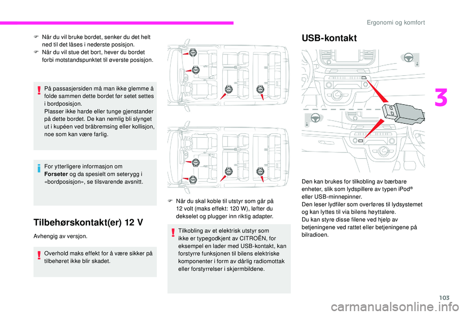 CITROEN JUMPER SPACETOURER 2018 InstruksjonsbØker (in Norwegian) 103
På passasjersiden må man ikke glemme å
folde sammen dette bordet før setet settes
i bordposisjon.
Plasser ikke harde eller tunge gjenstander
på dette bordet. De kan nemlig bli slynget
ut CITROEN JUMPER SPACETOURER 2018 InstruksjonsbØker (in Norwegian) 103
På passasjersiden må man ikke glemme å
folde sammen dette bordet før setet settes
i bordposisjon.
Plasser ikke harde eller tunge gjenstander
på dette bordet. De kan nemlig bli slynget
ut
