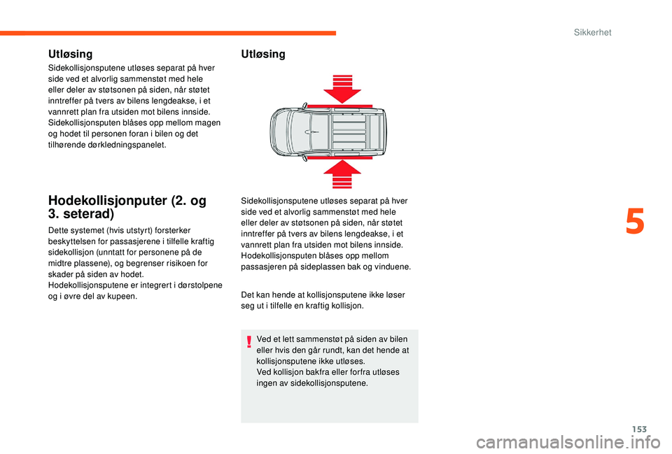 CITROEN JUMPER SPACETOURER 2018  InstruksjonsbØker (in Norwegian) 153
Utløsing
Sidekollisjonsputene utløses separat på hver 
side ved et alvorlig sammenstøt med hele 
eller deler av støtsonen på siden, når støtet 
inntreffer på tvers av bilens lengdeakse, i
