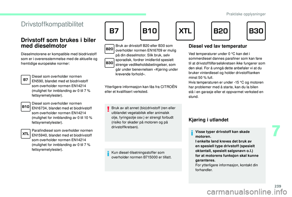 CITROEN JUMPER SPACETOURER 2018  InstruksjonsbØker (in Norwegian) 239
Drivstoffkompatibilitet
      
Drivstoff som brukes i biler 
med dieselmotor
Ytterligere informasjon kan fås fra CITROËN 
eller et kvalifisert verksted.Bruk av alt annet (bio)drivstoff (ren elle