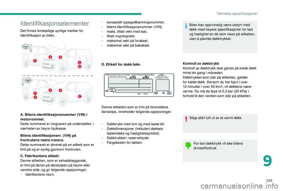 CITROEN JUMPER SPACETOURER 2018  InstruksjonsbØker (in Norwegian) 293
Identifikasjonselementer
Det finnes forskjellige synlige merker for 
identifikasjon av bilen.
A. Bilens identifikasjonsnummer (VIN) i 
motorrommet. 
Dette nummeret er inngravert på understellet, 